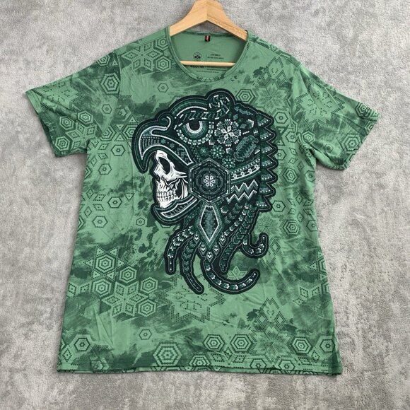 Ay Guey Shirt Men XL Green Aztec Warrior Print Penacho Headdress Viscose Playera - Picture 1 of 8